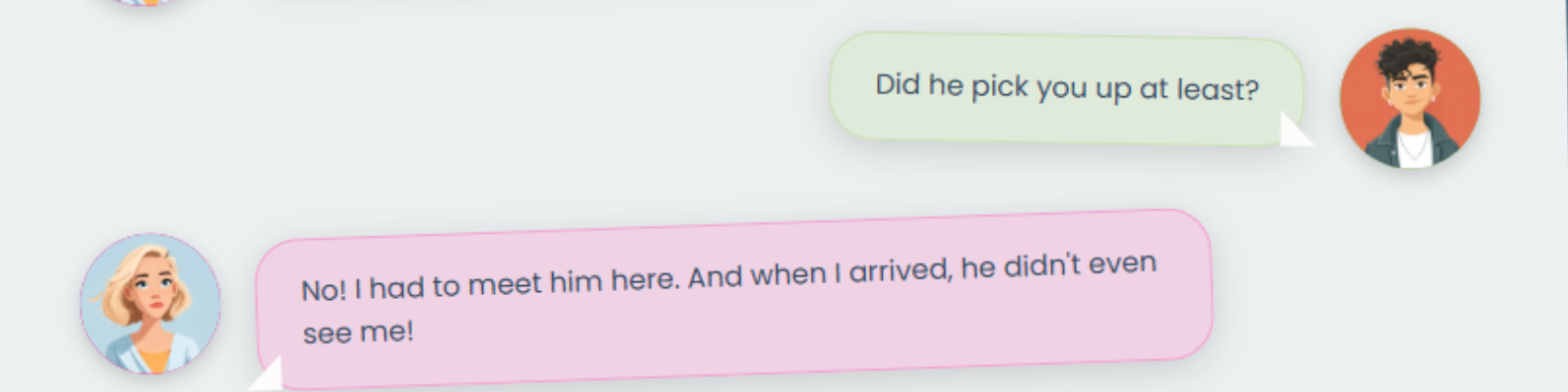 Example dialogue with character avatars and speech bubbles
