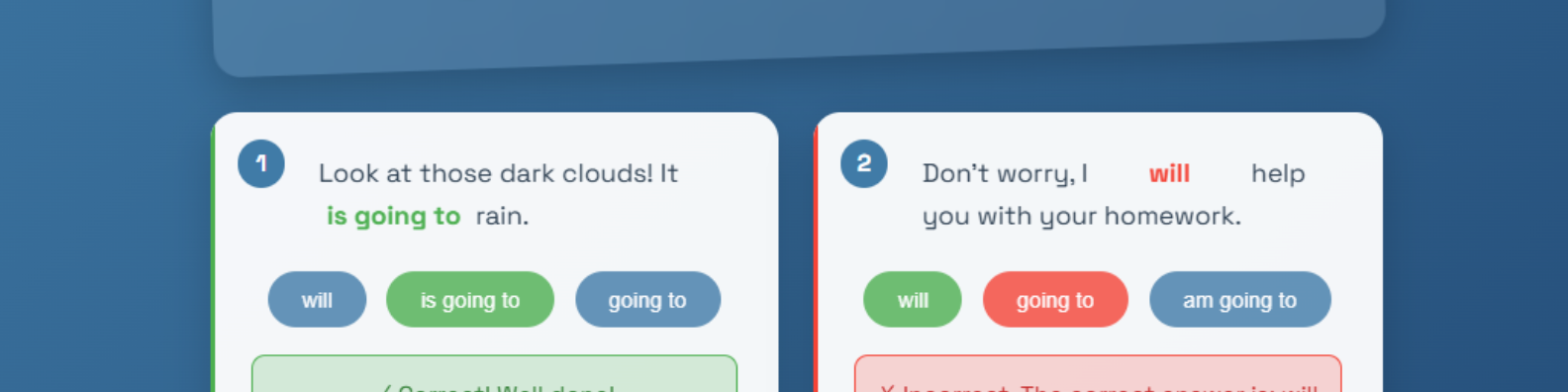 Interactive sentence cards with multiple choice options and score tracker